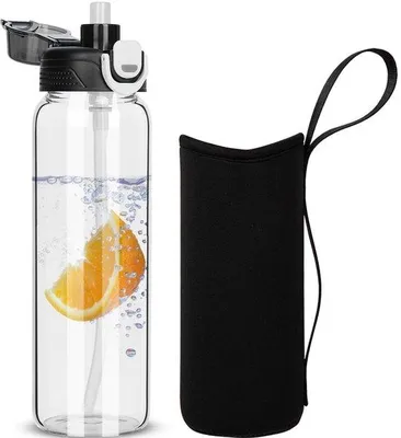 Productafbeelding van 0.8 L Glazen Drinkfles met Rietje en Neopreen Beschermhoes