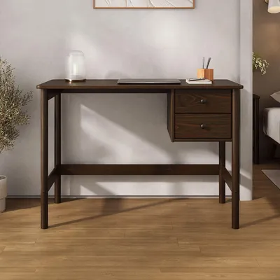 Produktbild von Schreibtisch MARLO mit 2 Schubladen aus Massivholz, Nussbaum farben – Holz Schreibtisch mit Stauraum, minimalistisches Design, Tischplatte mit gesofteten Kanten, Kiefernholz massiv