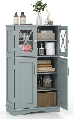 Zdjęcie produktu dla COSTWAY Szafka łazienkowa, szafka na bieliznę z drzwiami i regulowanymi półkami, wolnostojąca szafka do przechowywania 60 x 30 x 108 cm szara