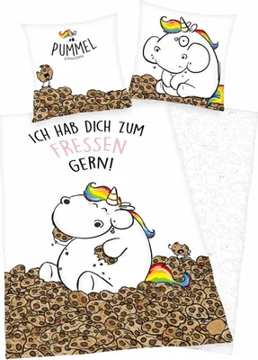 Produktbild von Einhorn Biber Flanell Wende - Bettwäsche 2 tlg. 135x200cm Pummeleinhorn - Ich hab Dich zum Fressen gern