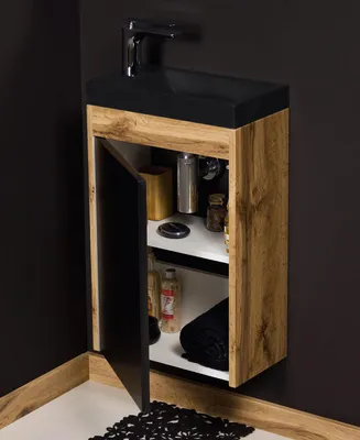 Produktbild von Quentis Gäste-WC Möbel Guest, Breite 40 cm, Eiche-Schwarz, Waschbecken schwarz matt, vormontiert