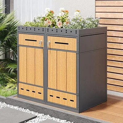 Produktbild von Mülltonnenbox, Mülltonnenverkleidung für Garten, Gartenbox Mülltonne mit Abstellfläche und Tür, Müllbox Müllcontainer für 2 Tonnen, Aufbewahrungsbox Abschließbar in Holzoptik, Grau