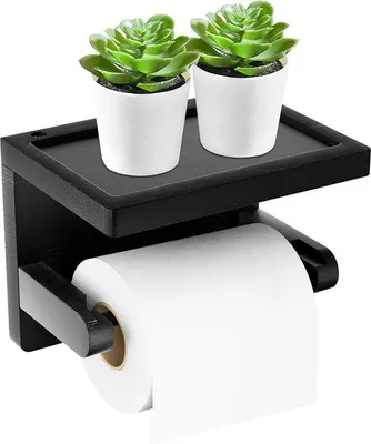 Image de Porte-rouleau de papier toilette en bois avec plateau, noir, pour salle de bain, multifonctionnel