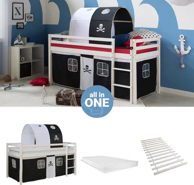 Produktbild von Homestyle4u Hochbett 90x200 mit Matratze Tunnel Vorhang schwarz Kinderbett Weiß Holz Kiefer Massiv Lattenrost