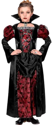 Vampir Kostüm für Kinder in Rot-Schwarz mit langem Gothic Kleid, Stehkragen, Puffärmeln und Spinnennetzmuster von vorne.