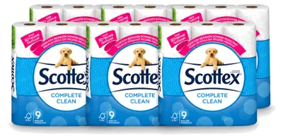 Imagen del producto de 6 rollos de papel higiénico Scottex Complete Clean, de doble capa, pack económico