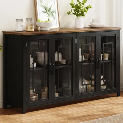 Immagine prodotto di Mobiletto da cucina largo 160 cm con ante in vetro, ampio vano contenitore e sistema di sicurezza anticaduta, mobiletto aggiuntivo 160x40x86 cm, mobiletto multifunzionale, colore nero