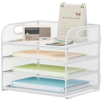 Image de Organisateur de bureau à 4 niveaux - Rangement empilable pour documents - Blanc