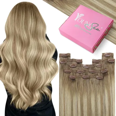 Produktbild von Clip-in Echthaar Extensions 55cm Ombre Hellbraun Platinblond 120g Remy Echthaar