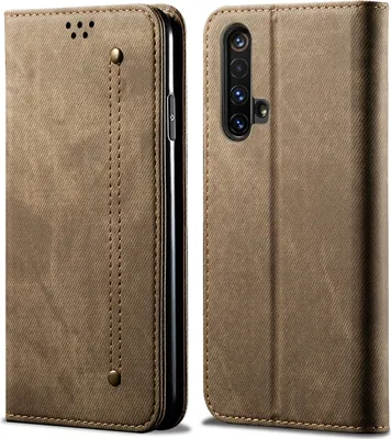 Image de OPPO Realme X50 Housse, LaimTop Denim Cuir Portefeuille Fermeture magnétique Flip Bookstyle Housse avec fonction stand pour OPPO Realme X50 OPPO Realme X50 Khaki