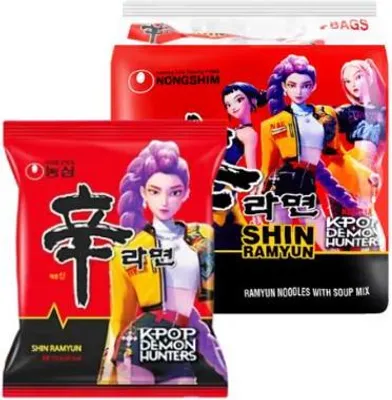 Two packages of Nong Shim Shin Ramyun noodles with animated characters on the front.
