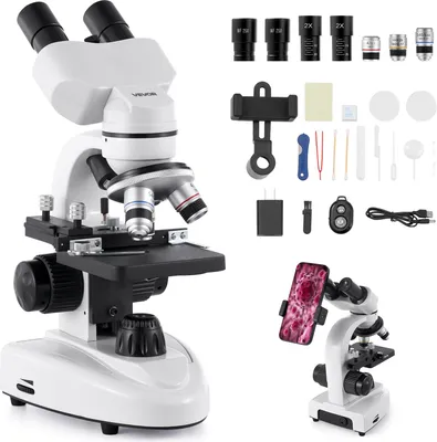 Image de Microscope binoculaire pour adultes VEVOR, kit de microscope composé avec grossissement 40-2000 fois, boîtier en alliage d'aluminium, lumière LED & support de téléphone inclus, pour laboratoire école