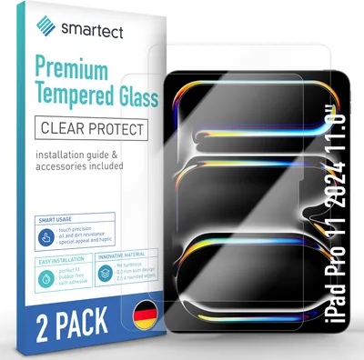 Produktbild von 2x Schutzglas Panzerfolie Klar für iPad Pro 2024 11.0" Displayschutz Hartglas