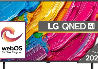 A television screen displaying a colorful abstract image, with marketing overlays.