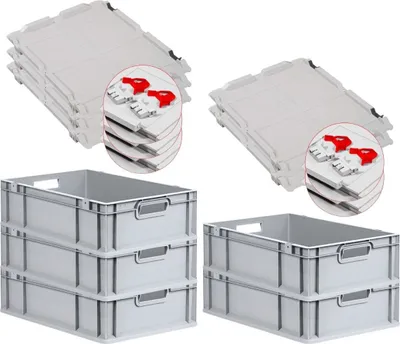 Produktbild von SuperSparSet 5x Eurobox NextGen Economy mit Scharnierdeckel und roten Schiebeschnappverschlüssen | Griffe offen | HxBxT 17x40x60cm | 34 Liter | Eurobehälter, Transportbox, Transportbehälter, Stapelbehälter