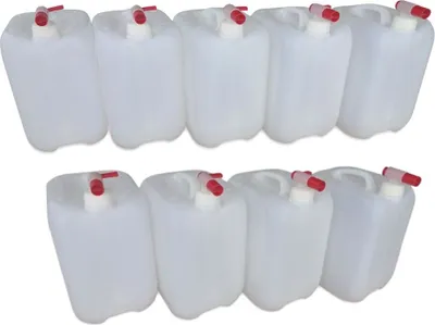 Produktbild von 9 x 10 L 10 Liter Wasserkanister Kanister lebensmittelecht dicht + 9 x Hahn  DIN45 (9x10knn45+9xH.45)
