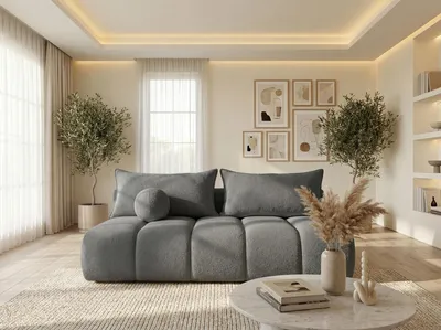Produktbild von Schlafsofa mit Bettkasten – 3-Sitzer Sofa Couch mit Schlaffunktion, Bettfunktion – Skandinavische Polstercouch im modernen Design – Weqicher Bouclé, Bouclestoff – Grau