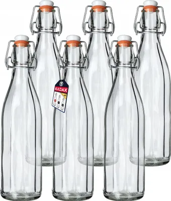 Obrázek produktu pro Skleněná láhev – na víno, tinktury, džus – 1 l – s korkovou zátkou – 6 kusů