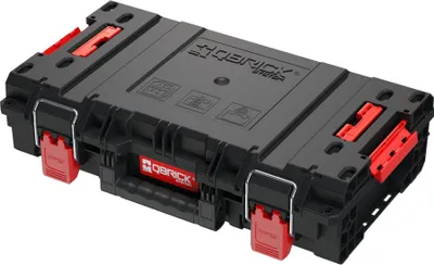 A black toolbox with red latches and handle, shown from a slightly elevated diagonal angle against a white background.