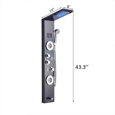 Produktbild von LED Duschpaneel - Regendusche Duschsystem mit Wasserfall - Digitale Temperaturanzeige ohne Batterie - 4 Körpermassagedüsen - 3 Griffe - Edelstahl - Schwarz 8006