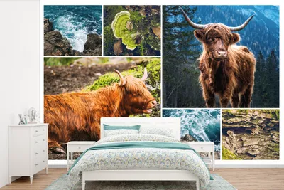 Produktbild von MuchoWow® Fototapete für Wohnzimmer oder Schlafzimmer Wandtapete Vinyl Motivtapete Schottischer Highlander - Berg - Meer - 450x300 cm - Gemusterte