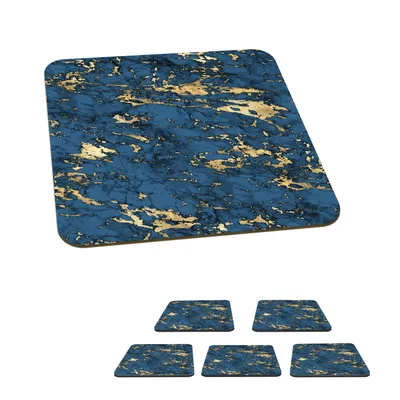 Obrázok produktu pre KitchenYeah® Podložky pod sklo Square Set of 6 Blue - Marble - Gold - Design 10x10 cm Podložky pod poháre - Podložky pod nápoje - Chrániče na stôl - Podložky pod poháre Stolové barové sklo