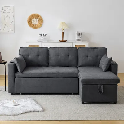 Produktbild von Odikalo Schlafsofa L-form Lounge Sofa Sessel Ausziehbar Stauraum Becherhalter Grau