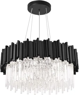 A black and clear chandelier hanging from a white background.