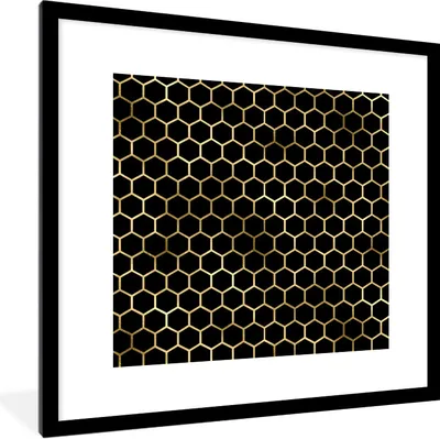 Produktbild von MuchoWow® Gerahmtes Poster Muster - Sechseck - Gold - Schwarz 40x40 cm - Poster mit Schwarzem Bilderrahmen Wandposter Rahmen Foto Bilder - Poster - Plakat im Rahmen