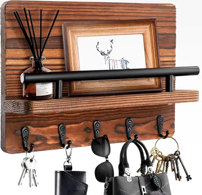 Produktbild von Schlüsselbrett Holz mit Ablage, Schlüsselhalter mit 5 Edelstahlhaken, Schlüsselablage Wand für Post, Schlüssel, Briefe, Zeitungen, Holzaufbewahrung für Flur, Eingang, Büro