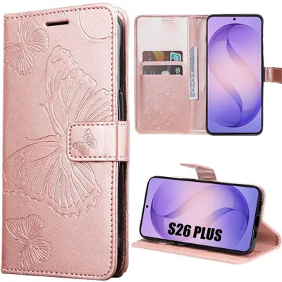 Image de Coque pour Samsung Galaxy S26 Plus, Protection Antichoc Anti-Rayures CuirPolyuréthaneRose Motif Relief Papillons