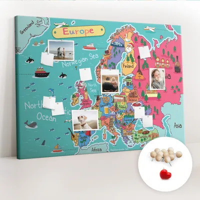 Obrázok produktu pre Korková tabuľa Tabuľa na poznámky Tabuľa na špendlíky - učebná pomôcka 140x100 cm - 100ks drevených kolíkov - Mapa Európy