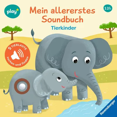 A children's sound book cover featuring two elephants, one adult and one baby, in a savanna-like setting with trees and water.
