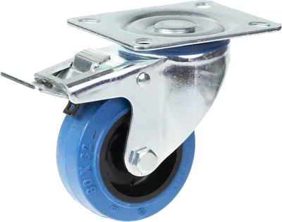 Immagine prodotto di ruota girevole/frenante da 80 mm con gomma elastica blu su ruota centrale in nylon