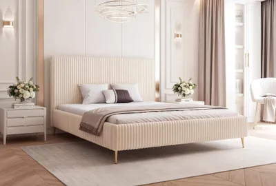 Obrázek produktu pro BESILIO Ložnicová postel 160x200 Vienna II - Kontejnerová postel, štíhlá postel, vysoké zlaté nohy, lamelový rošt - Měkká čalouněná látka - Krémová barva