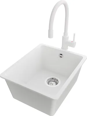 Produktbild von PRIMAGRAN Unterbauspüle Granit Weiß 36x44cm, Spülbecken 1 Becken + Küchenarmatur 38x14cm + Ablauf-Set, Granitspüle ab 40er Unterschrank - Venedig Easy