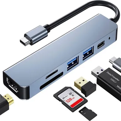 Produktbild von USB-C-Hub, Multiport-USB-C-Adapter für MacBook Pro, 6-in-1 USB-C-zu-HDMI-Hub, kompatibel mit USB-C-Laptops usw. (4K HDMI, USB 3.0, USB 2.0, SD/TF-Kartenleser, 87 W PD)