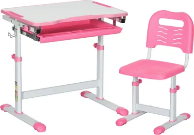 Produktbild von HOMCOM Kinderschreibtisch- und Stuhlset mit 45° neigbarer Platte, Schublade, 2 Stifthaltern und Haken, rosa