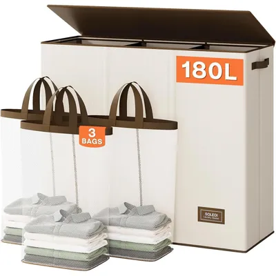 Produktbild von Wäschekorb 180L mit Deckel und 3 Fächern, 3x60L Wäschesammler Beige