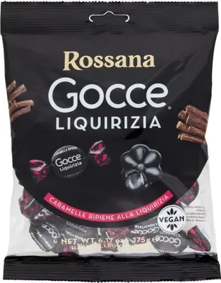Produktbild von 12x Rossana Fida LIQUORICE Drops, mit Lakritz gefüllte Bonbons, einzeln verpackt, glutenfrei, VEGAN, 175 g
