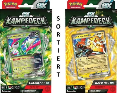 Two Pokémon EX Kampfdeck (Battle Deck) packages are shown side-by-side. The left package features an 'Eisenblatt EX' card and has a green background with swirling green energy. The right package features a 'Kapu-Riki EX' card and has a yellow background wi