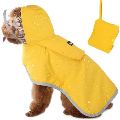 Productafbeelding van Regenjas voor honden, met capuchon, waterdicht, reflecterende strepen, zak, maat XL, geel