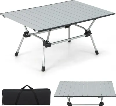 Produktbild von KOMFOTTEU Campingtisch klappbar, Klapptisch höhenverstellbar, Gartentisch mit aufrollbarer Tischplatte, Mehrzwecktisch mit Tragetasche, 90 x 60,5 x 52 cm (Silber)