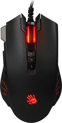 A black gaming mouse with red LED lighting.