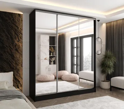 Produktbild von Moderner 3-türiger Schwebetürenschrank Schwarz 150x58x250 cm – mit 3 Spiegeln und 2 Schubladen – Kleiderschrank für Flur, Schlafzimmer