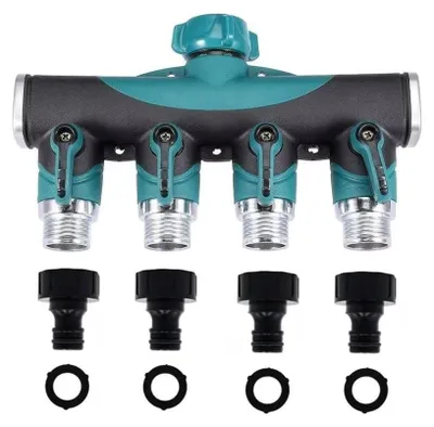 Produktbild von 4-Wege Gartenschlauchverteiler - Regelbarer Wasserfluss für Bewässerung
