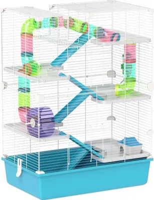 Produktbild von Hamsterkäfig, 6-stöckiger Kleintierkäfig mit Röhren, Tunnels, Hütte, Laufrad, Futterschale, Wasserflasche, Rampen, für Gerbils, 58 x 36 x 81 cm