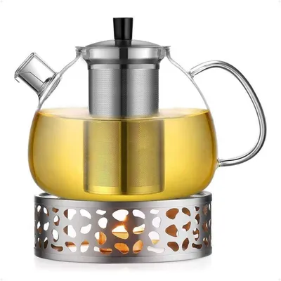 Produktbild von Teekanne mit Stövchen 1.5L Borosilikatglas Edelstahl Teewärmer 1500ml Silberfilter
