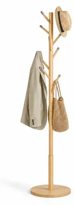 Produktbild von Garderobenständer Massiv Bambus Natur -- 8 Kleiderhaken Metallabdeckkappen Standgarderobe naturfarben – freistehender Kleiderständer