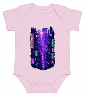 Productafbeelding van Cyberpunk Tokyo, neonlicht, sciencefiction, toekomst, synthwave, Japan, Y2K, vaporwave, babyromper, roze, maat 6/12